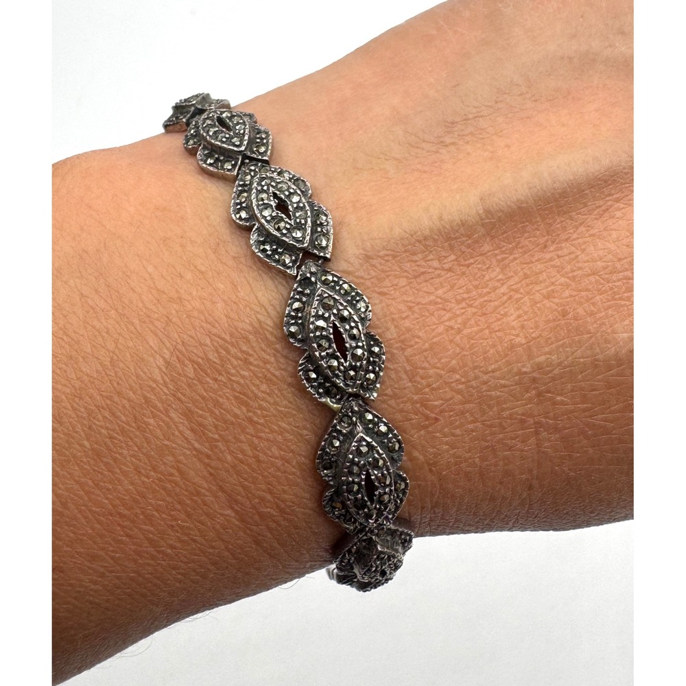 Vintage Sterling Silver 925 Marcasite Art Deco Leaf Link Bracelet 7 Inch Repair